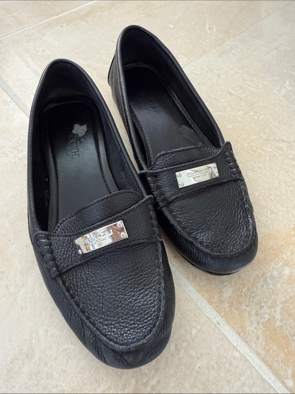 Coach Black Leather Moccasin Loafers with Silver Plaque